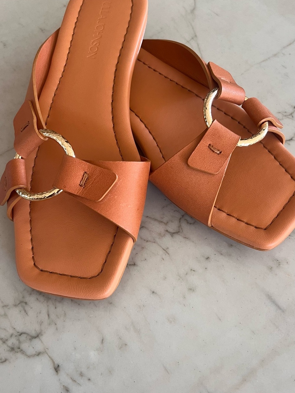 Ulla Johnson Cognac Leather Slide Sandals with Gold Ring - Picture 5 of 5